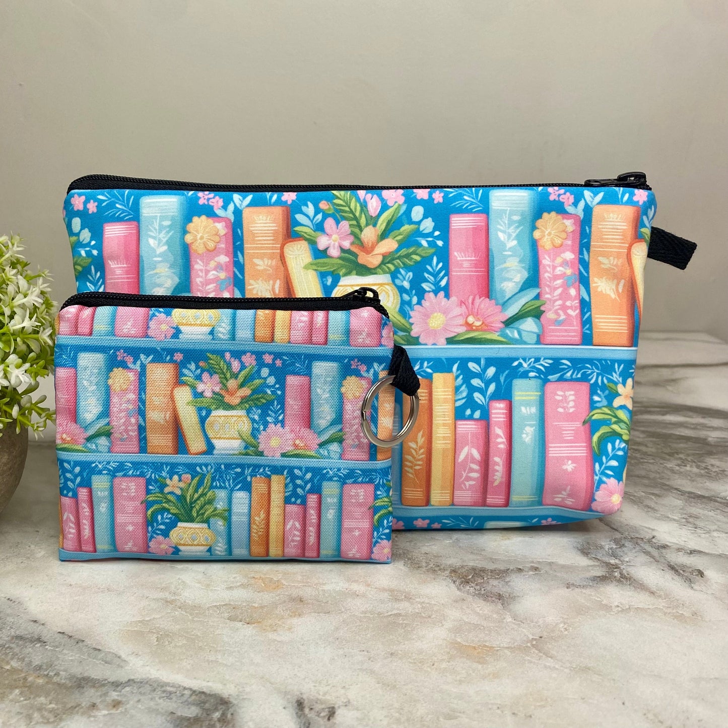 Pouch & Mini Pouch Bundled Set - Book Floral Pastels on Blue