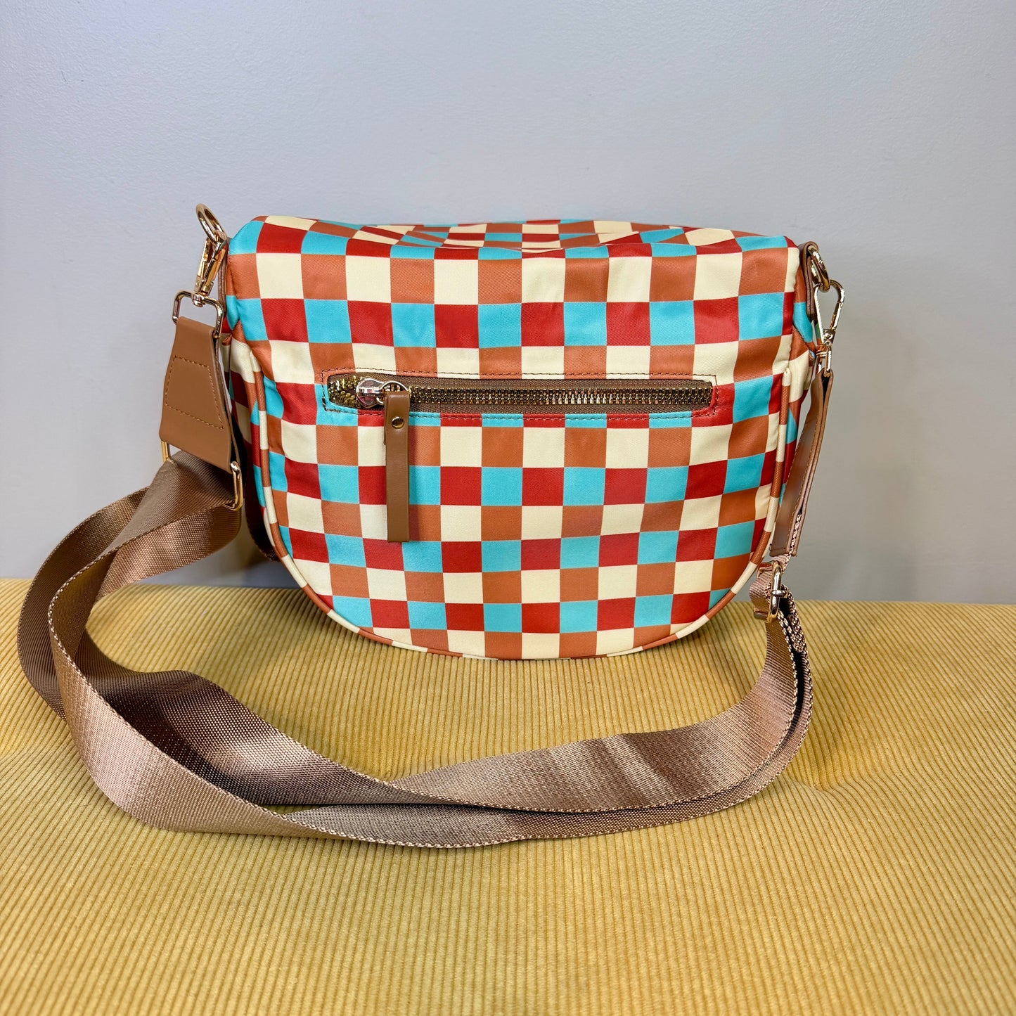 The Roni Nylon Crossbody - Camel Aqua Checker