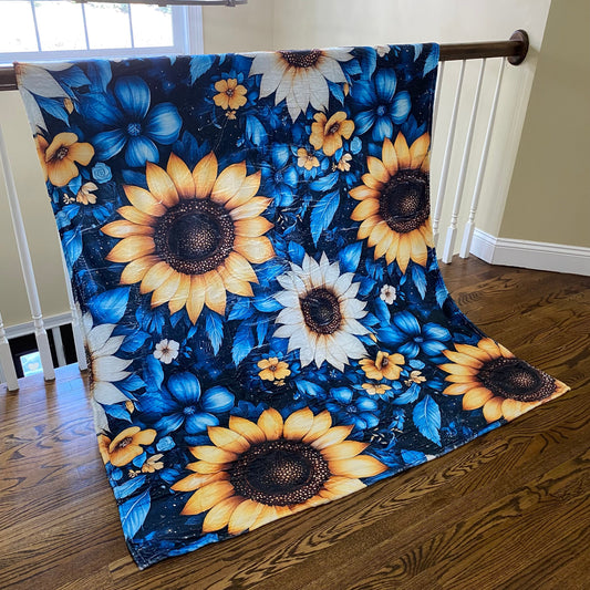 Blanket - Floral Blue Yellow White Sunflower - PREORDER