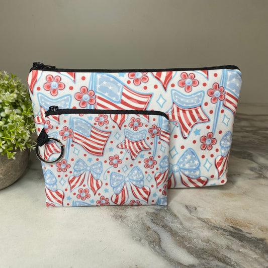 Pouch & Mini Pouch Bundled Set - 4th Of July - Flag Bow Star