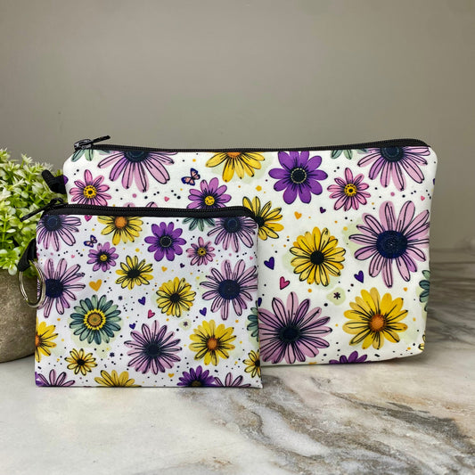 Pouch & Mini Pouch Bundled Set - Floral Teal Purple Yellow