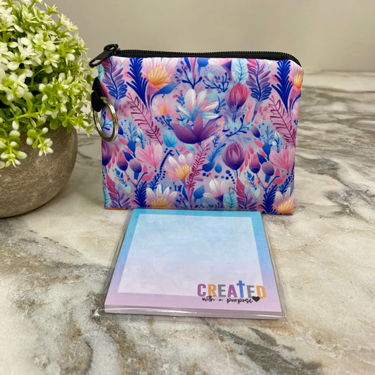 Mini Pouch & Sticky Note Bundled Set - Floral Purple Blue Watercolor Religious