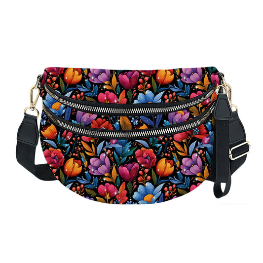 The Roni Nylon Crossbody - Floral Bright Red Blue on Black
