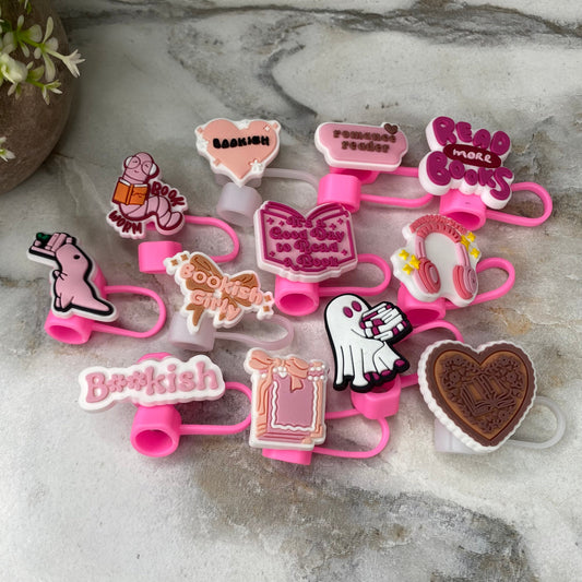 Silicone Straw Toppers Tumbler - Book Pink Tan Mix